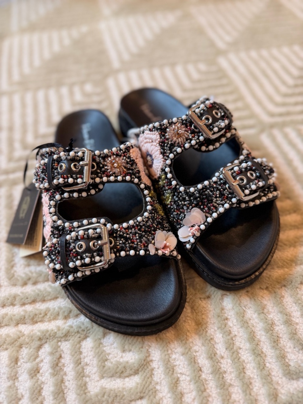 NEW House of Harlow 1960 Pink & Black Beaded Double-Buckle Slide Sandals - Picture 3 of 10